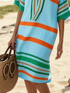 YSONA Full Size Striped Half Sleeve Midi Dress Plus Size — close-up view | Women's Dress
