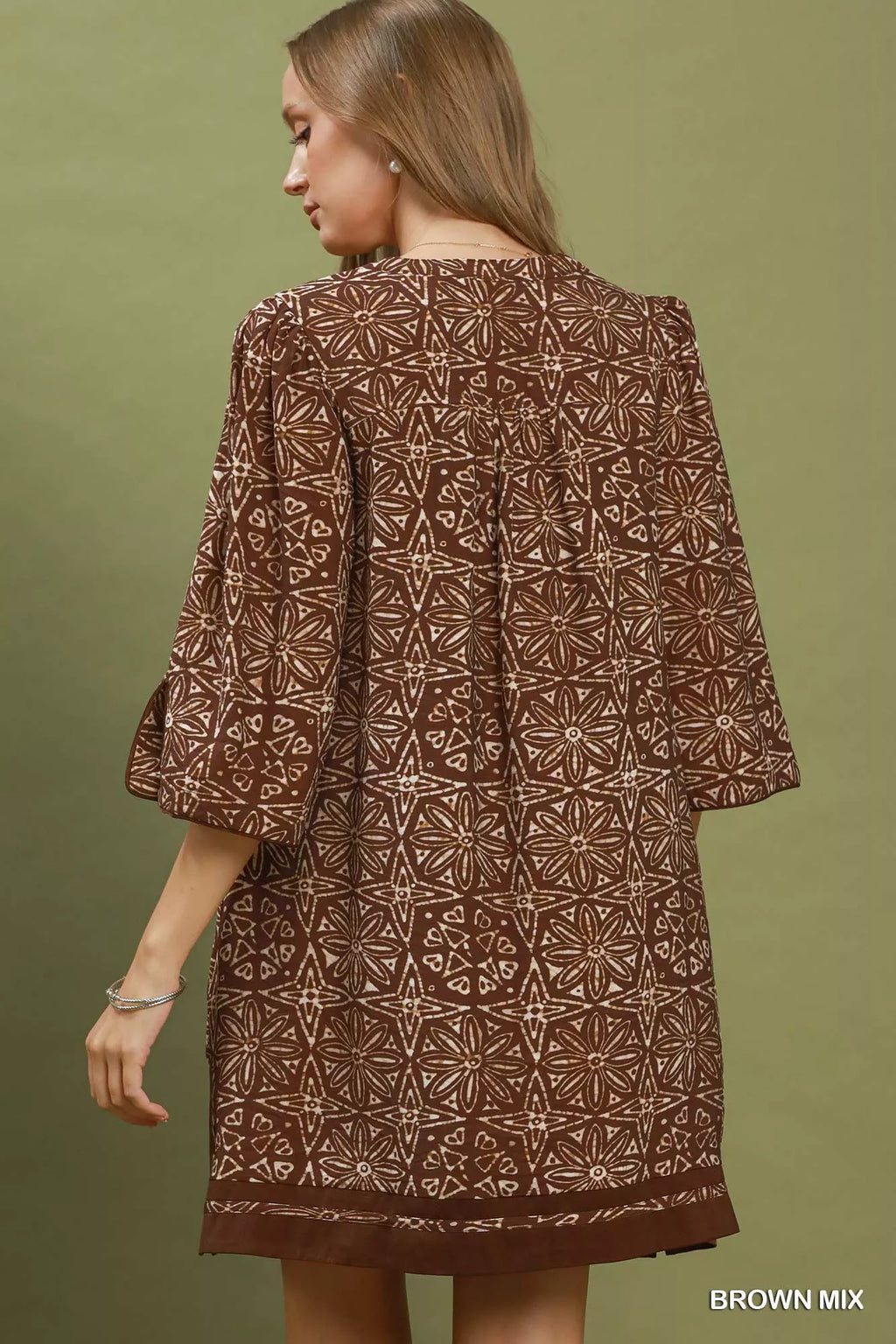 YSONA Umgee Mix Geometric Print V-Neck Tassel Detail Tunic Dress — side view | Women's Dress