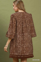 YSONA Umgee Mix Geometric Print V-Neck Tassel Detail Tunic Dress — side view | Women's Dress