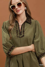 YSONA Umgee V-Neck Shift Dress with Contrast Trim — model wearing | Women's Dress | Shop YSONA