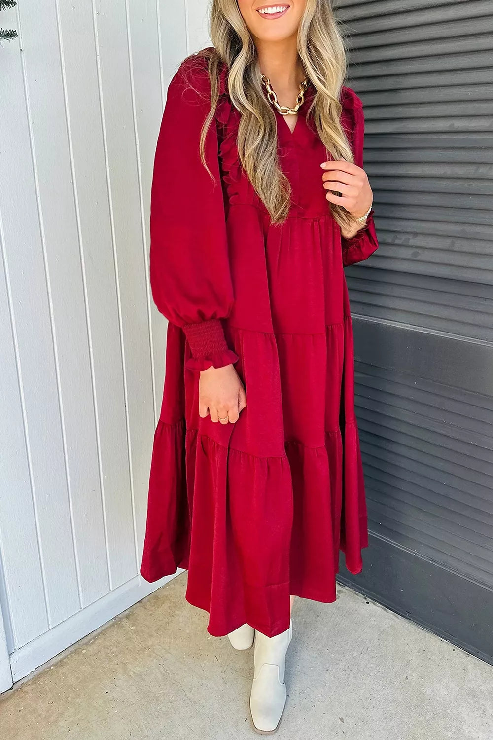 YSONA Solid Color Ruffle Trim Long Sleeve Tiered Shift Midi Dress — model wearing | Women's Dress