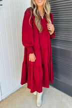 YSONA Solid Color Ruffle Trim Long Sleeve Tiered Shift Midi Dress — model wearing | Women's Dress