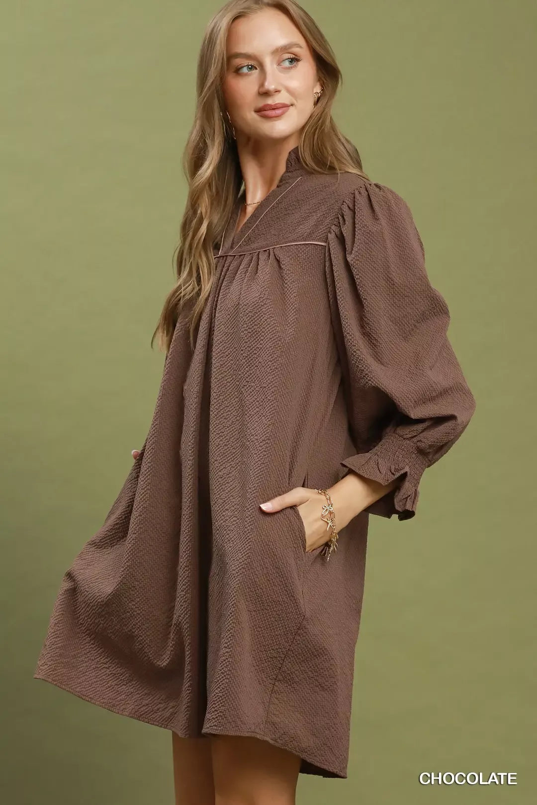 YSONA Umgee Textured Puff Sleeve Mini Dress — back view | Women's Dress | Shop YSONA