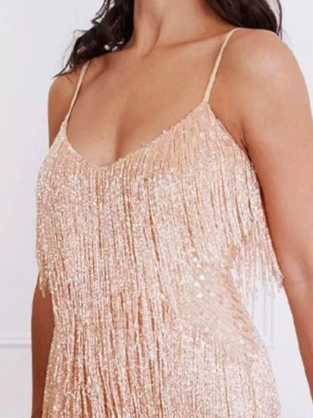 YSONA Full Size Sequin and Feather Fringe Mini Dress Plus Size — model wearing | Women's Dress