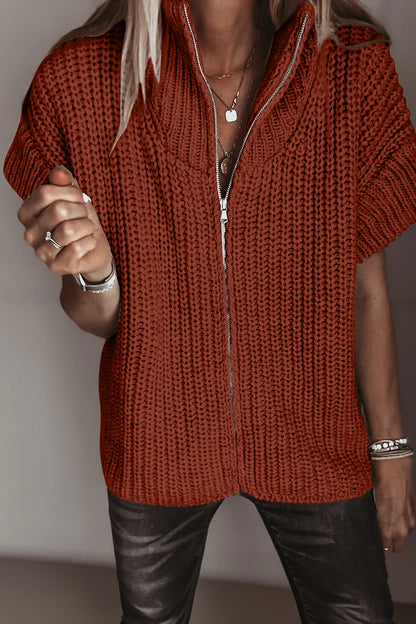 Jet Stream Solid Color Short Sleeve Zipper Knit High Neck Sweater