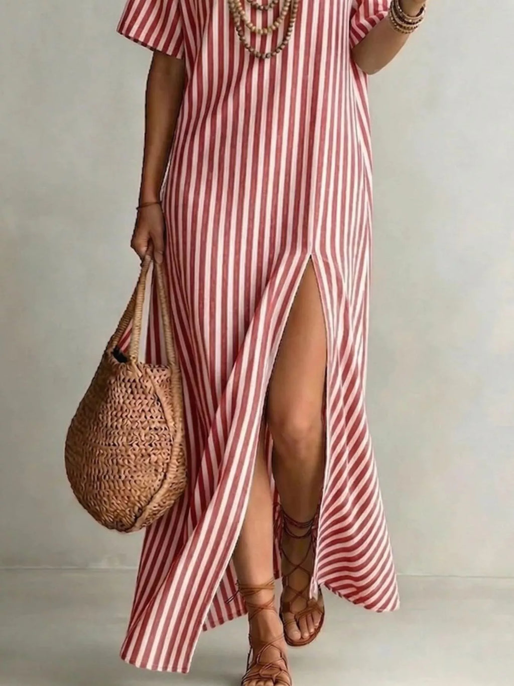YSONA Full Size Striped Maxi Dress with Side Slit Plus Size — model wearing | Women's Dress