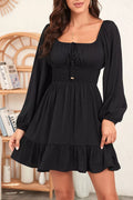 YSONA Solid Color Long Sleeve Shirred Drawstring Ruffle Mini Dress — front view | Women's Dress