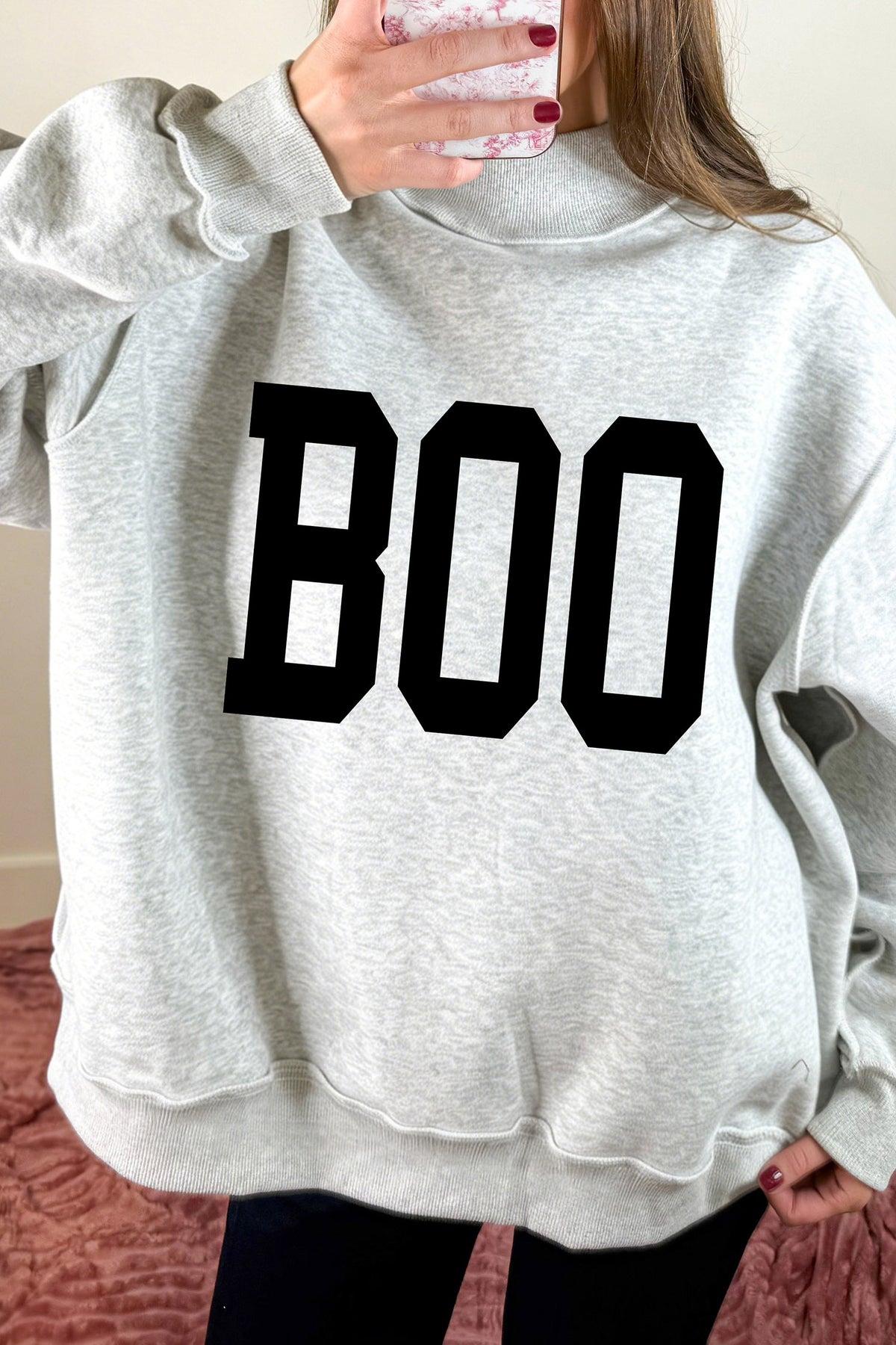 Light Grey Halloween Boo Slogan Ghost Print Reversible Mock Neck  Sweatshirt