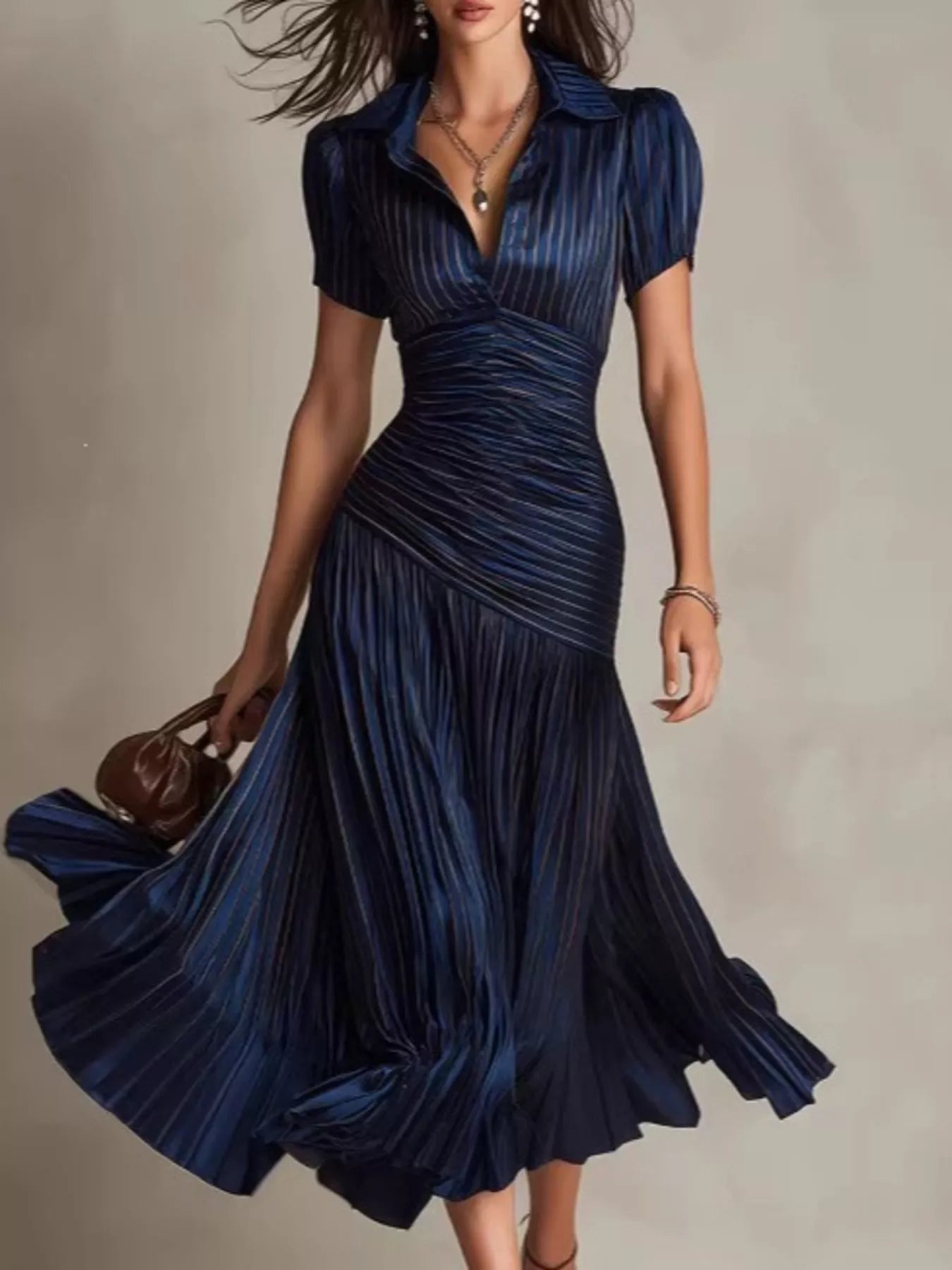 YSONA Pleated Striped Short Sleeve Midi Dress — front view | Women's Dress | Shop YSONA