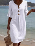 YSONA Full Size Button Decor Ruffle Sleeve Midi Dress Plus Size — front view | Women's Dress