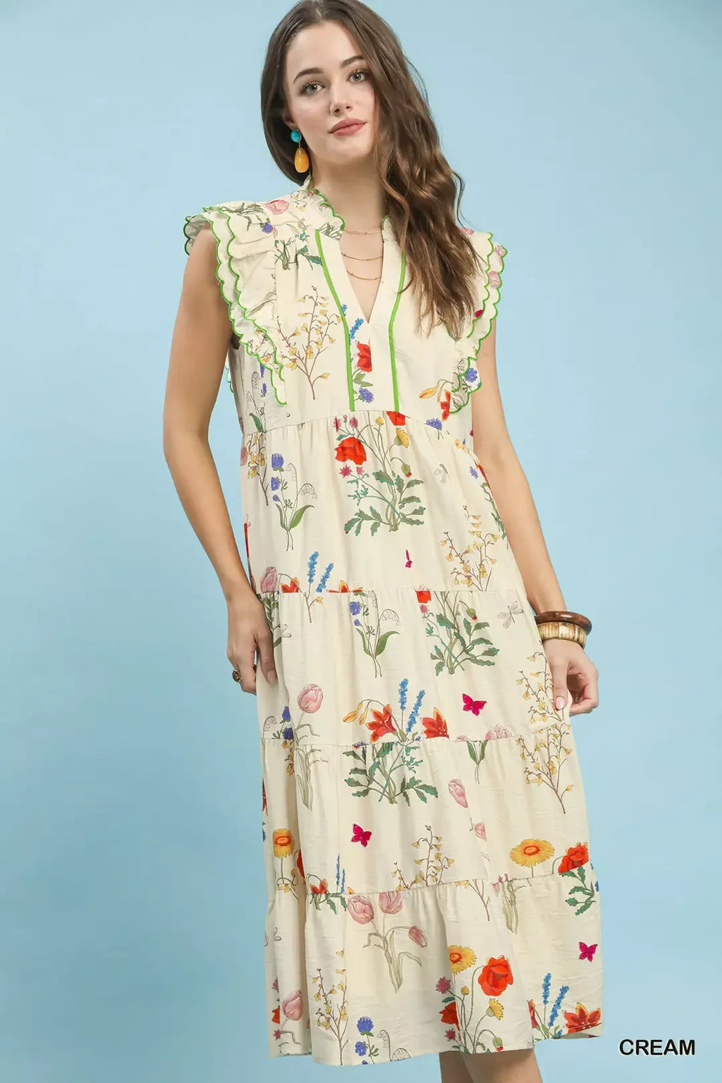 YSONA Umgee Floral Ruffle Tiered Midi Dress with Scalloped Detail — detail view | Women's Dress