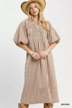 YSONA Umgee Puff Sleeve Plaid Midi Dress — front view | Women's Dress | Shop YSONA