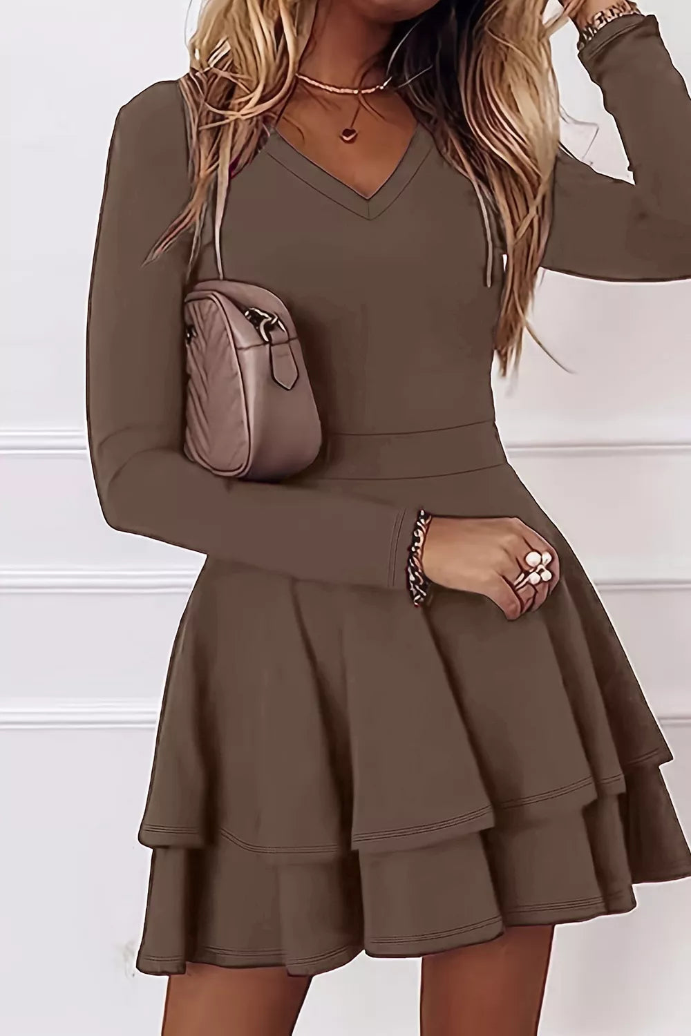 YSONA Layered Long Sleeve V-Neck Mini Dress — front view | Women's Dress | Shop YSONA