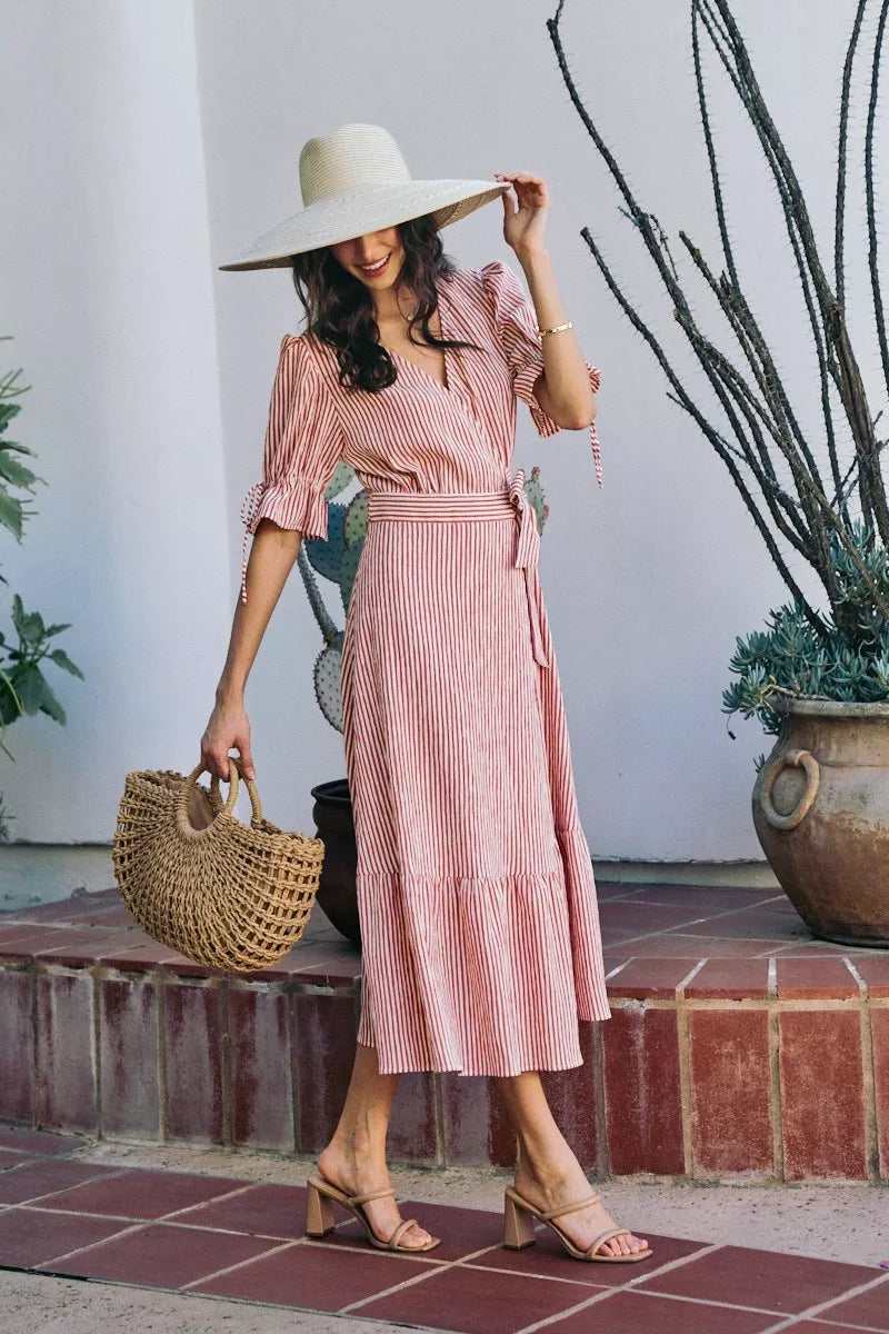 YSONA Stripe Textured Short Sleeves Lined Wrap Midi Dress — close-up view | Women's Dress | Shop YSONA