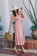 YSONA Stripe Textured Short Sleeves Lined Wrap Midi Dress — close-up view | Women's Dress | Shop YSONA