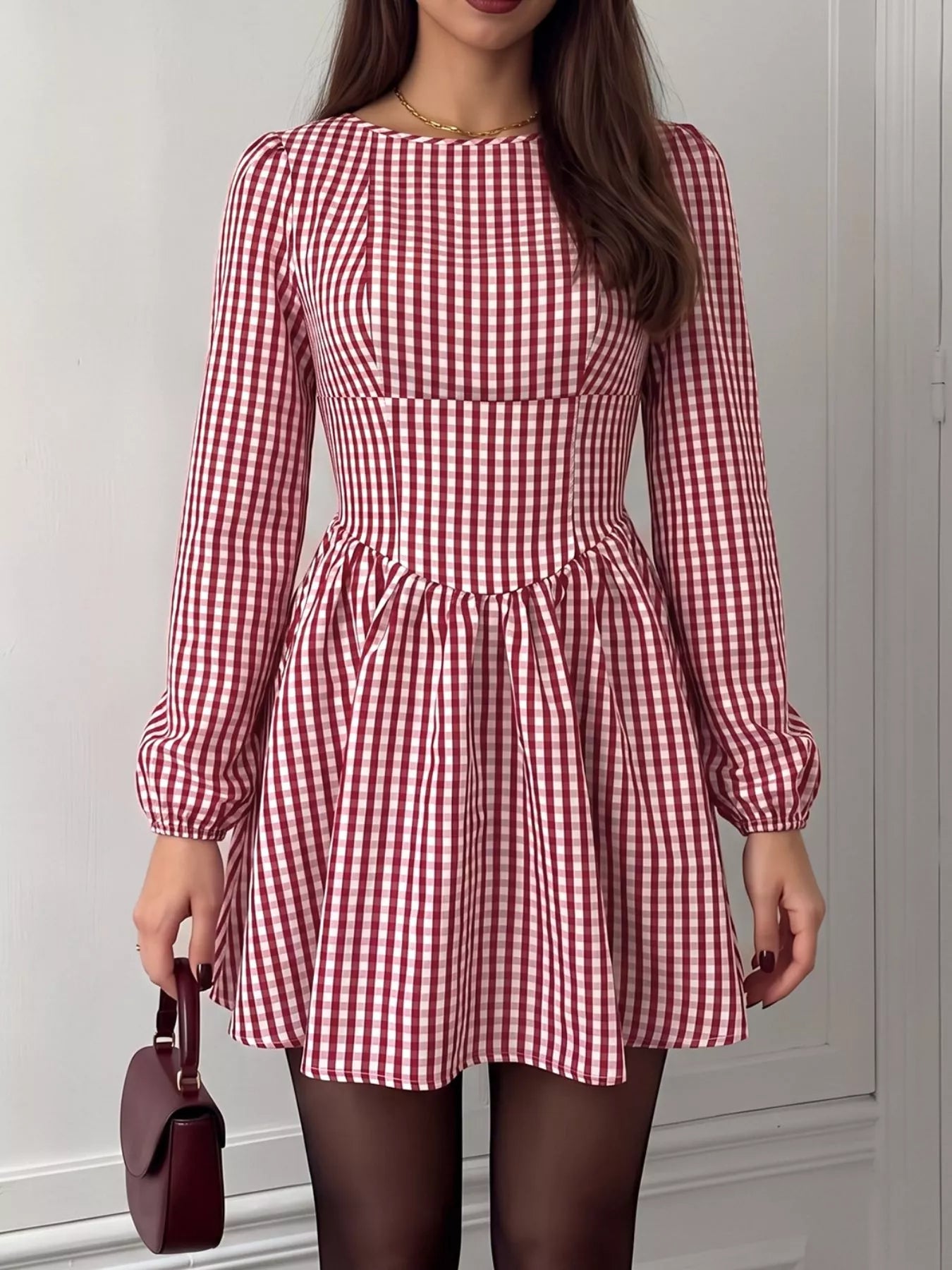 YSONA Backless Plaid Long Sleeve Dress — model wearing | Women's Dress | Shop YSONA