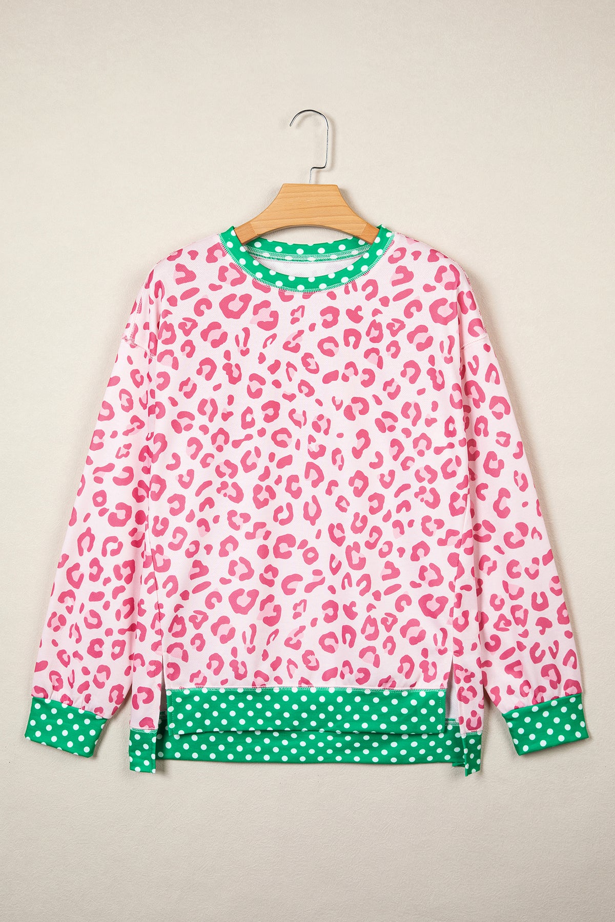Brown Leopard Polka Dot Colorblock Trim Long Sleeve Top