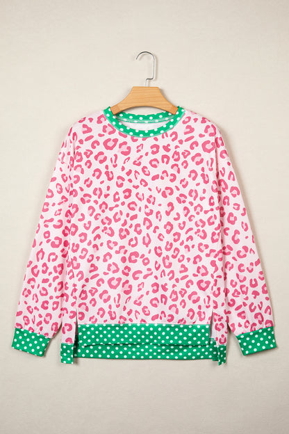 Brown Leopard Polka Dot Colorblock Trim Long Sleeve Top