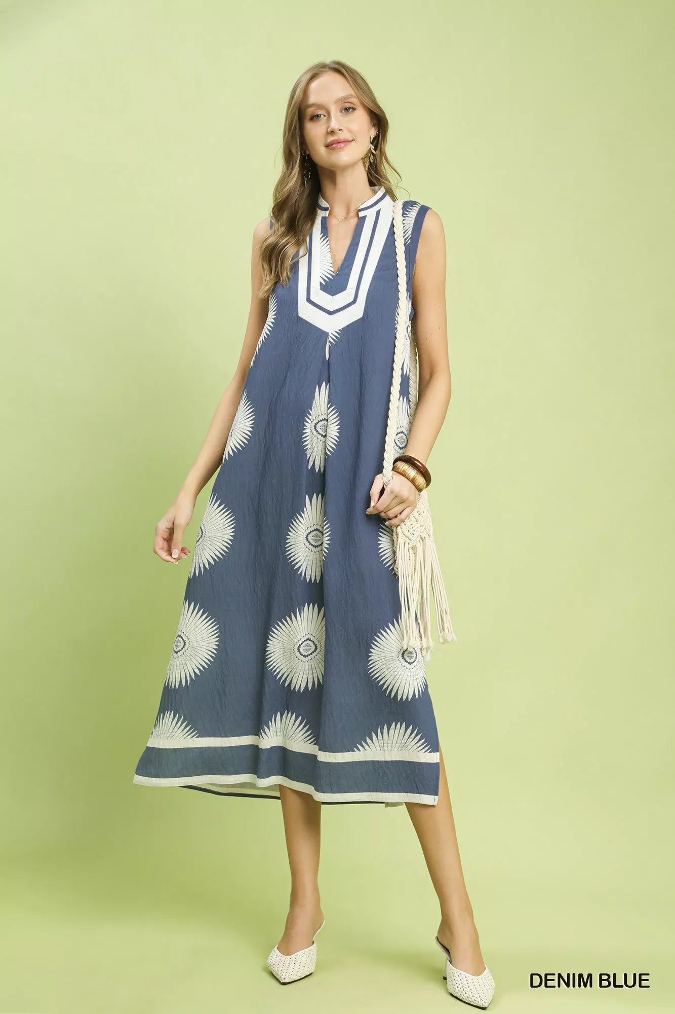 YSONA Umgee Sleeveless Geometric Midi Dress — model wearing | Women's Dress | Shop YSONA