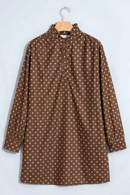 Brown Polka Dot V Neck Long Sleeve Button Shift Dress