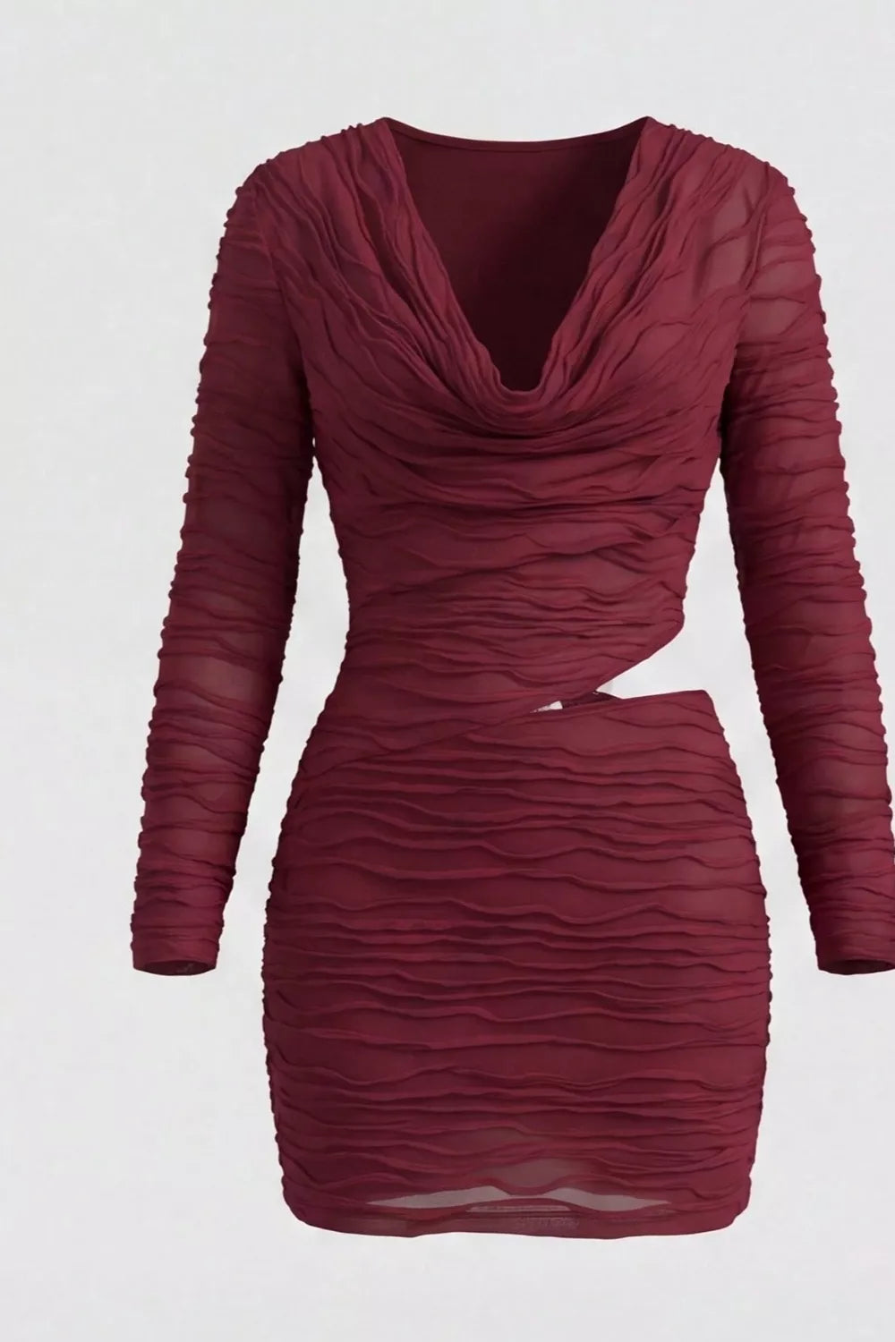 YSONA Ruched Cutout Cowl Neck Long Sleeve Mini Dress — detail view | Women's Dress | Shop YSONA