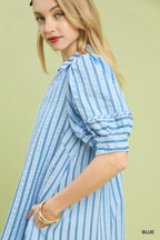 YSONA Umgee Striped Puff Sleeve Midi Dress — detail view | Women's Dress | Shop YSONA