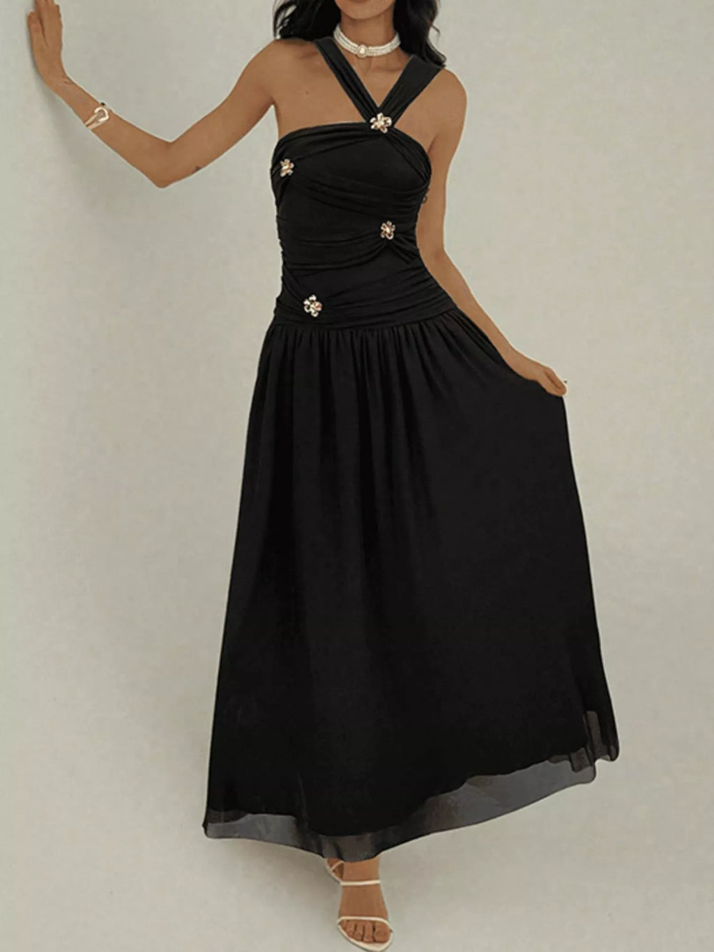YSONA Ruched Sleeveless Maxi Dress with Embellishments — front view | Women's Dress | Shop YSONA