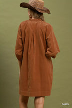 YSONA Umgee Corduroy V-Neck Puff Sleeve Shift Dress with Pockets — side view | Women's Dress