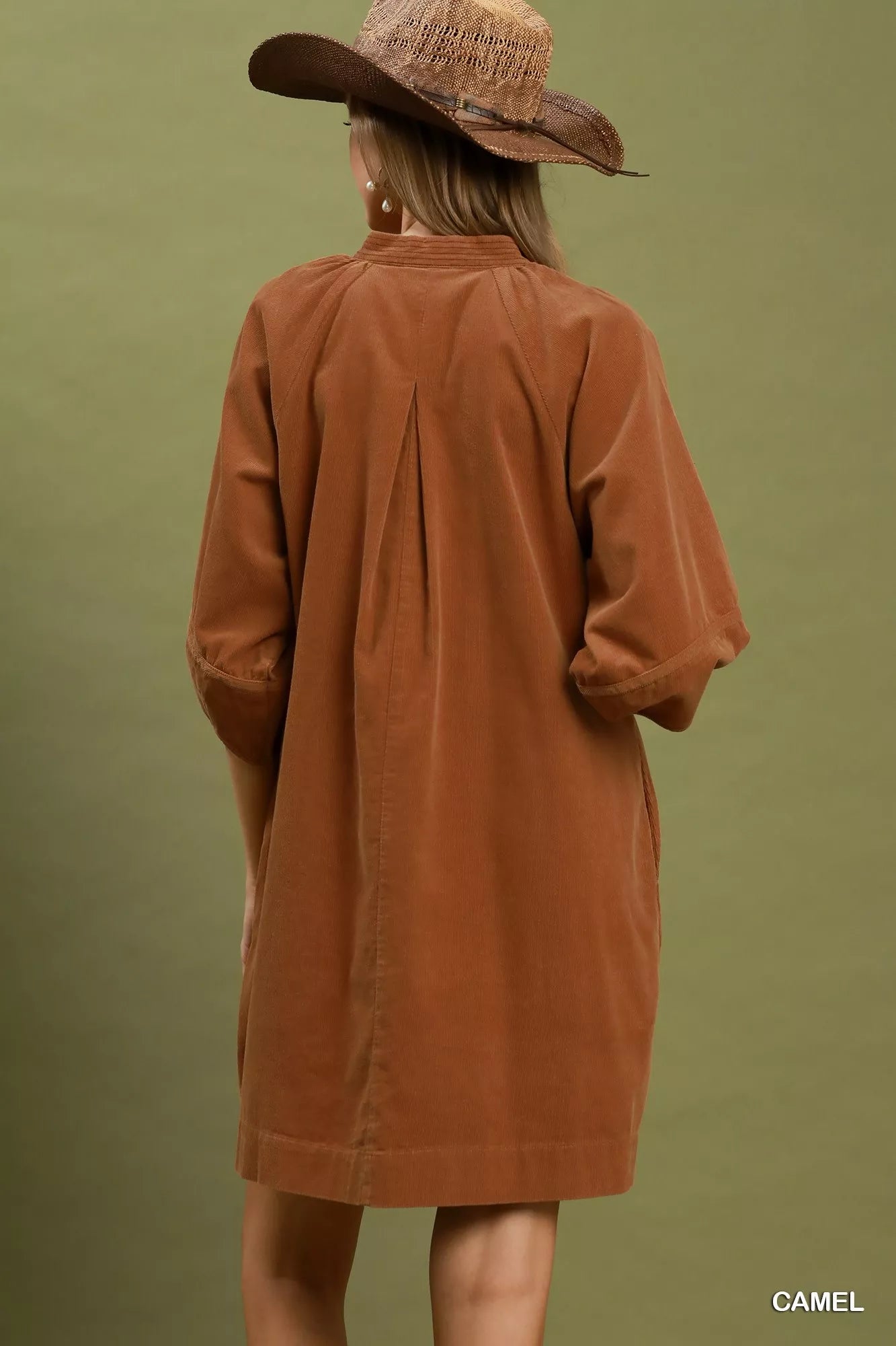 YSONA Umgee Corduroy V-Neck Puff Sleeve Shift Dress with Pockets — side view | Women's Dress