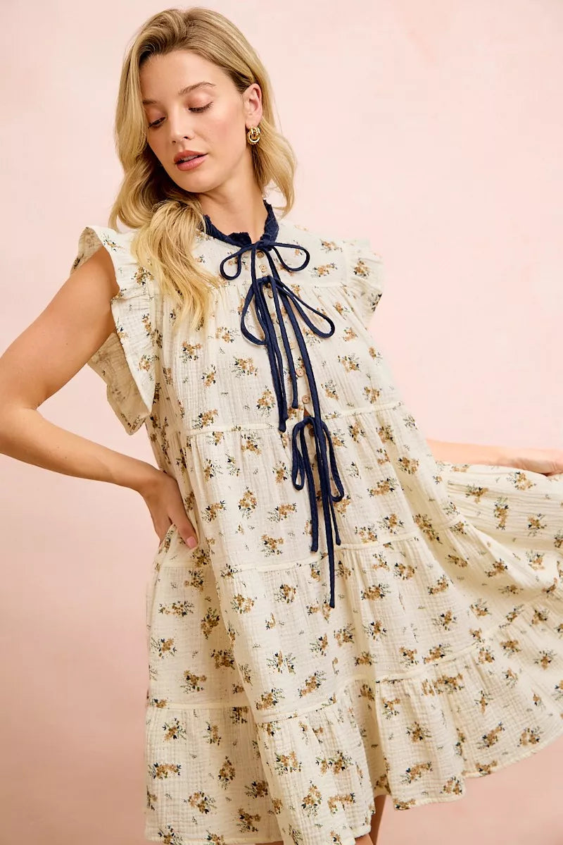 YSONA BiBi Floral Multi-tiered Dress With Ruffles And Front Tie — styling view | Women's Dress