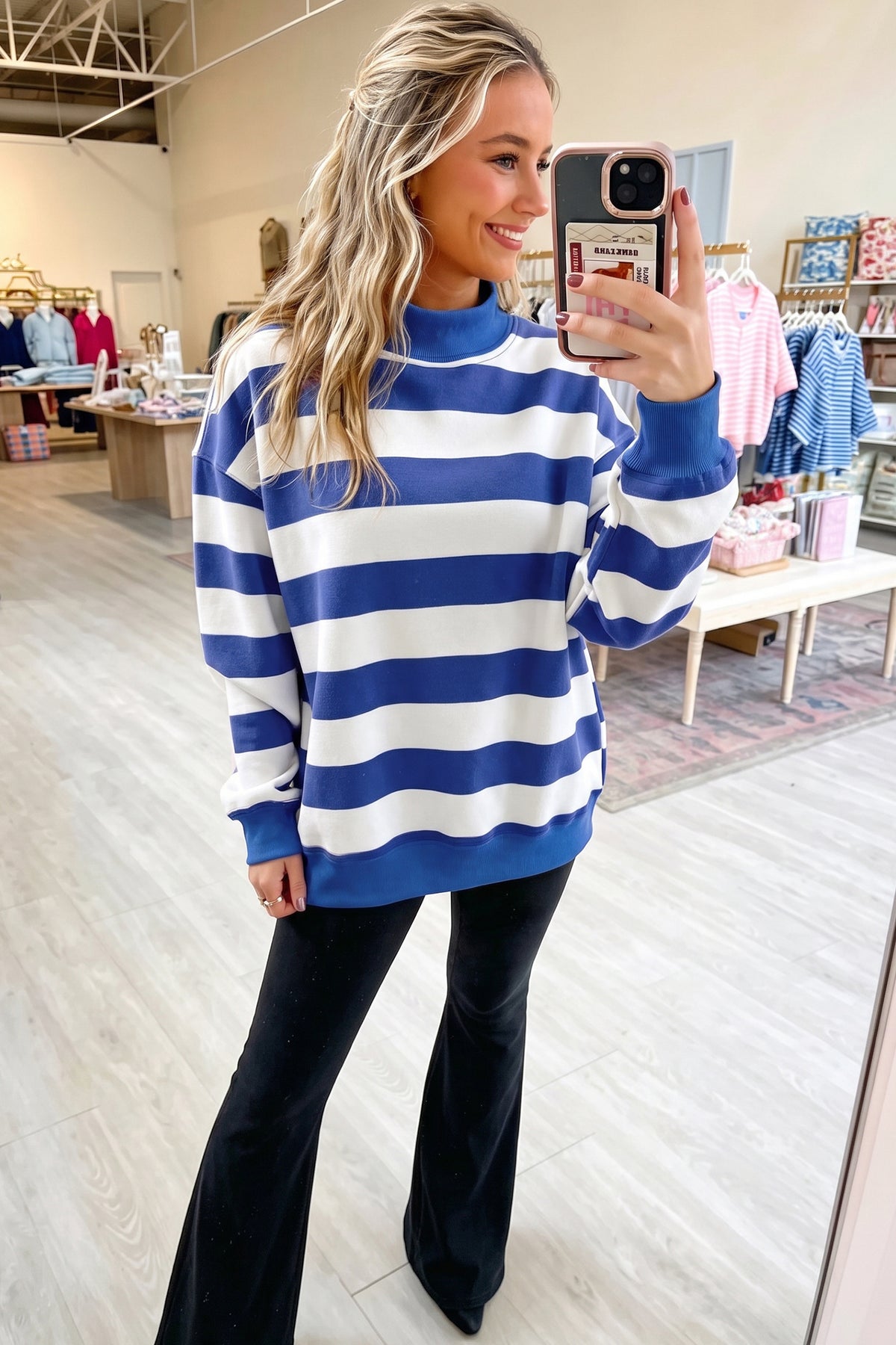Orange Stripe Colorblock Mock Neck Relaxed Sweatshirt