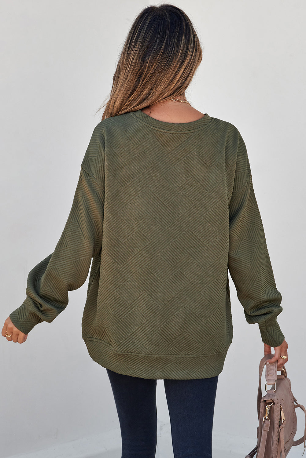Parchment Solid Color Textured Round Neck Drop Shoulder Pullover Sweatshirt
