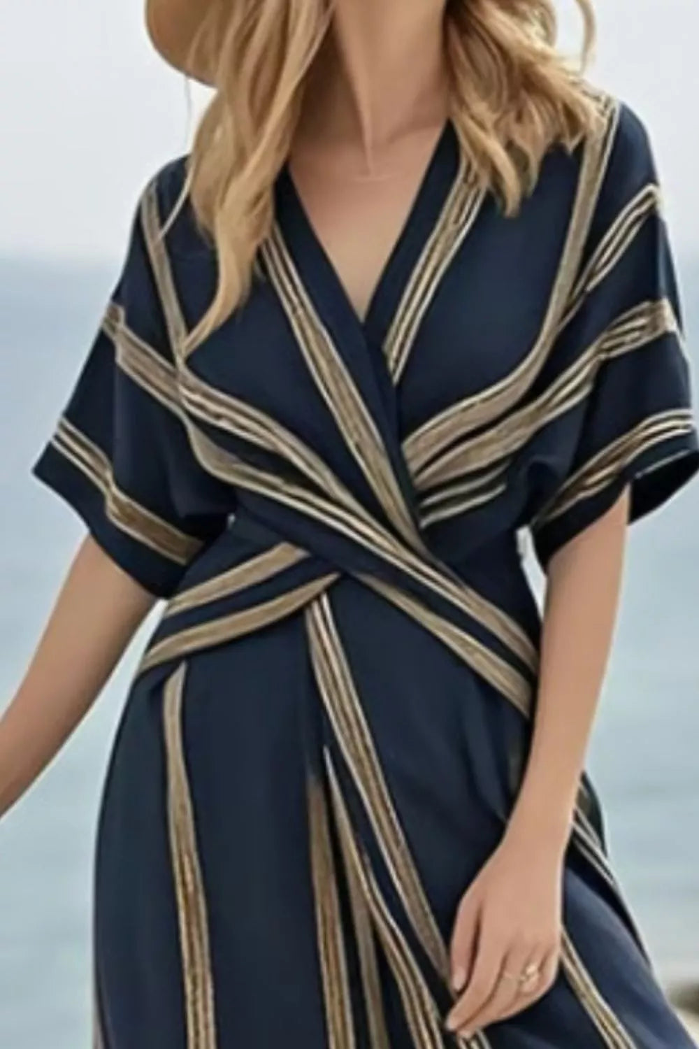 YSONA Striped Wrap Half Sleeve Maxi Dress — close-up view | Women's Dress | Shop YSONA