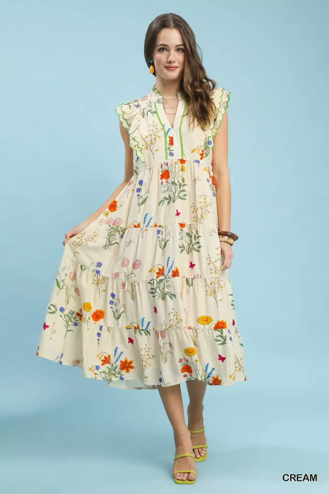 YSONA Umgee Floral Ruffle Tiered Midi Dress with Scalloped Detail — front view | Women's Dress