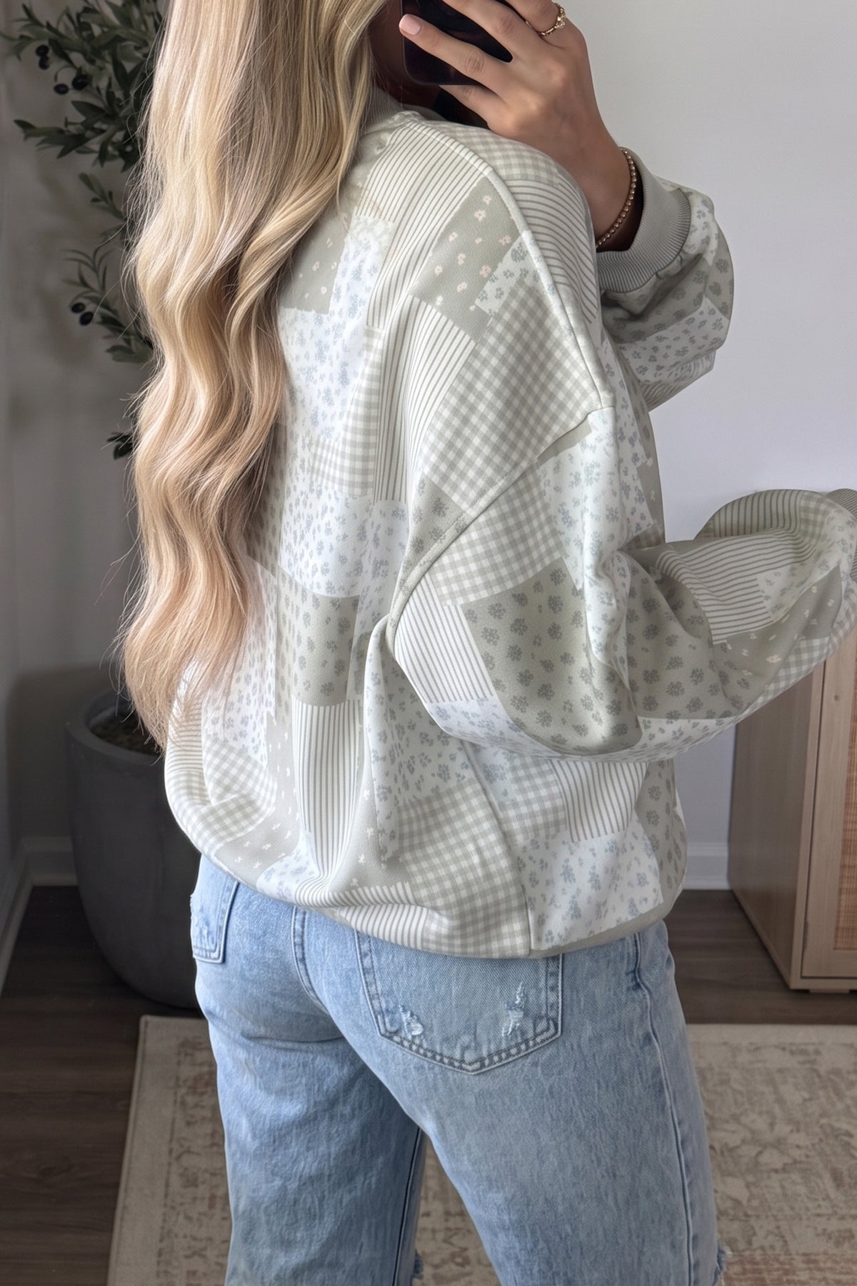 Khaki Patchwork Floral Print Mock Neck Long Sleeve Sweatshirt