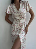YSONA Floral Print V-Neck Flutter Sleeves Midi Dress — front view | Women's Dress | Shop YSONA