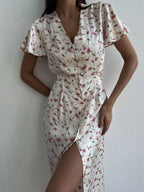 YSONA Floral Print V-Neck Flutter Sleeves Midi Dress — front view | Women's Dress | Shop YSONA