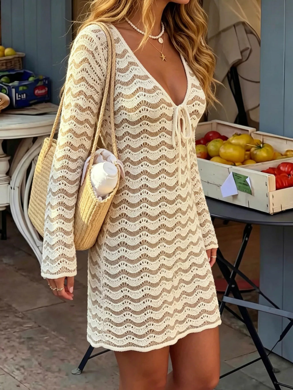 YSONA V-Neck Crochet Knit Long Sleeve Mini Dress — side view | Women's Dress | Shop YSONA