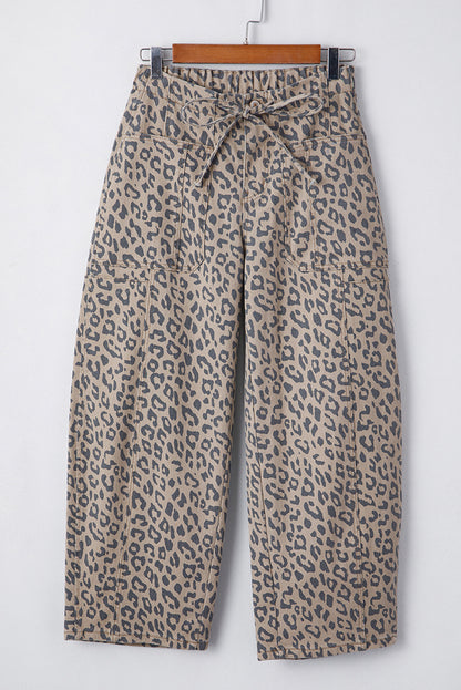 Green Leopard Printed Drawstring Elastic Waistband Pocketed Barrel Jeans