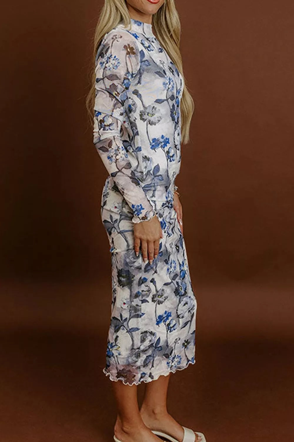 YSONA Floral Print Sheath Elegant Long Sleeve Dress — detail view | Women's Dress | Shop YSONA