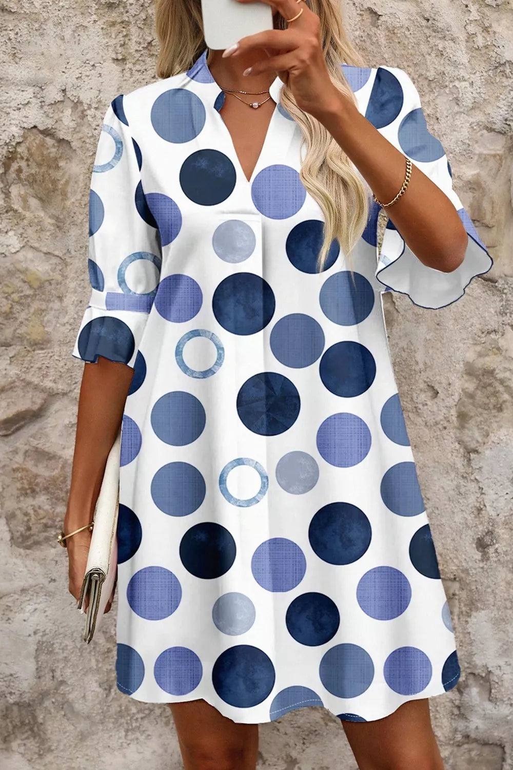 YSONA Polka Dot Print Flounced Half Sleeve Casual Mini Dress — model wearing | Women's Dress