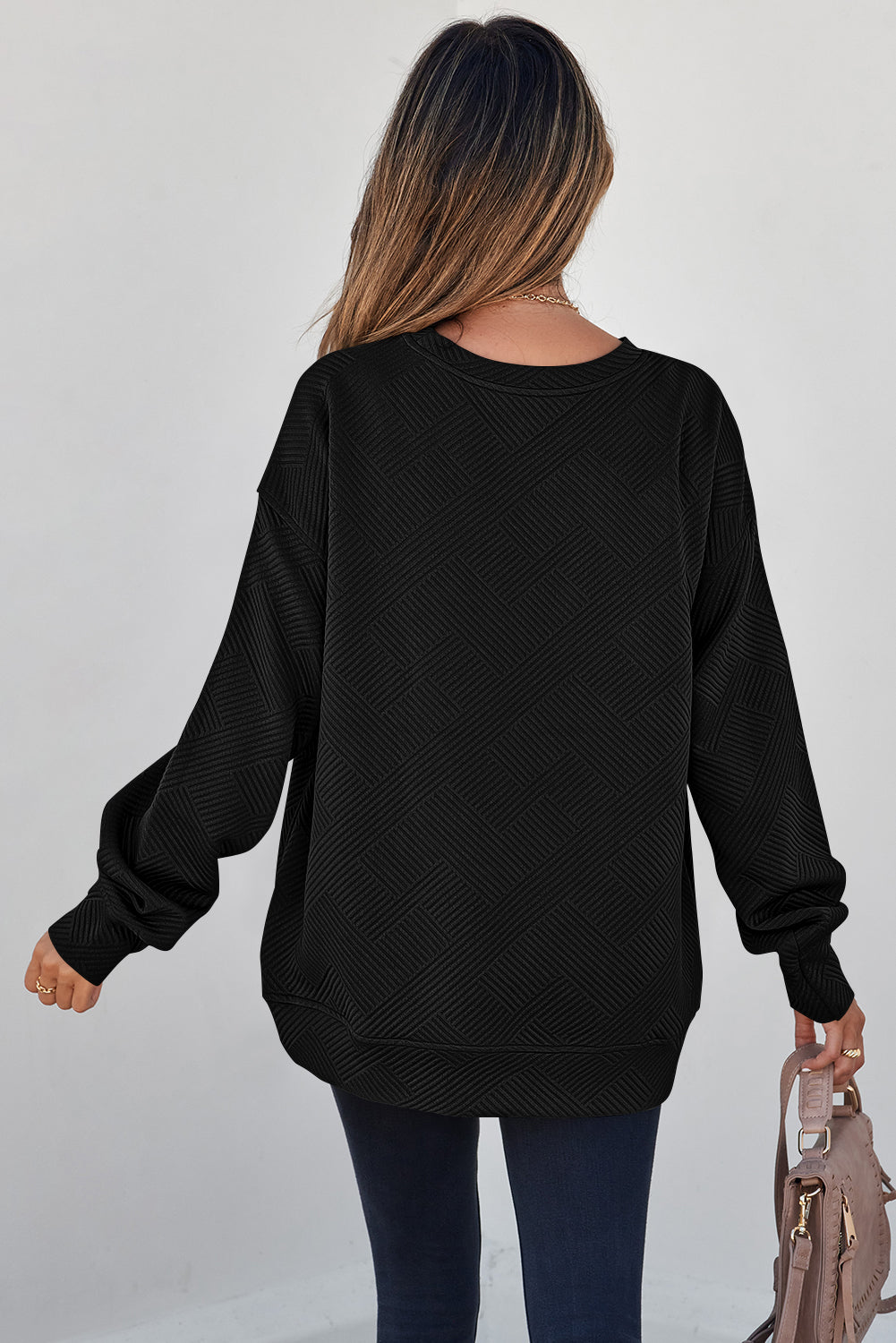 Parchment Solid Color Textured Round Neck Drop Shoulder Pullover Sweatshirt