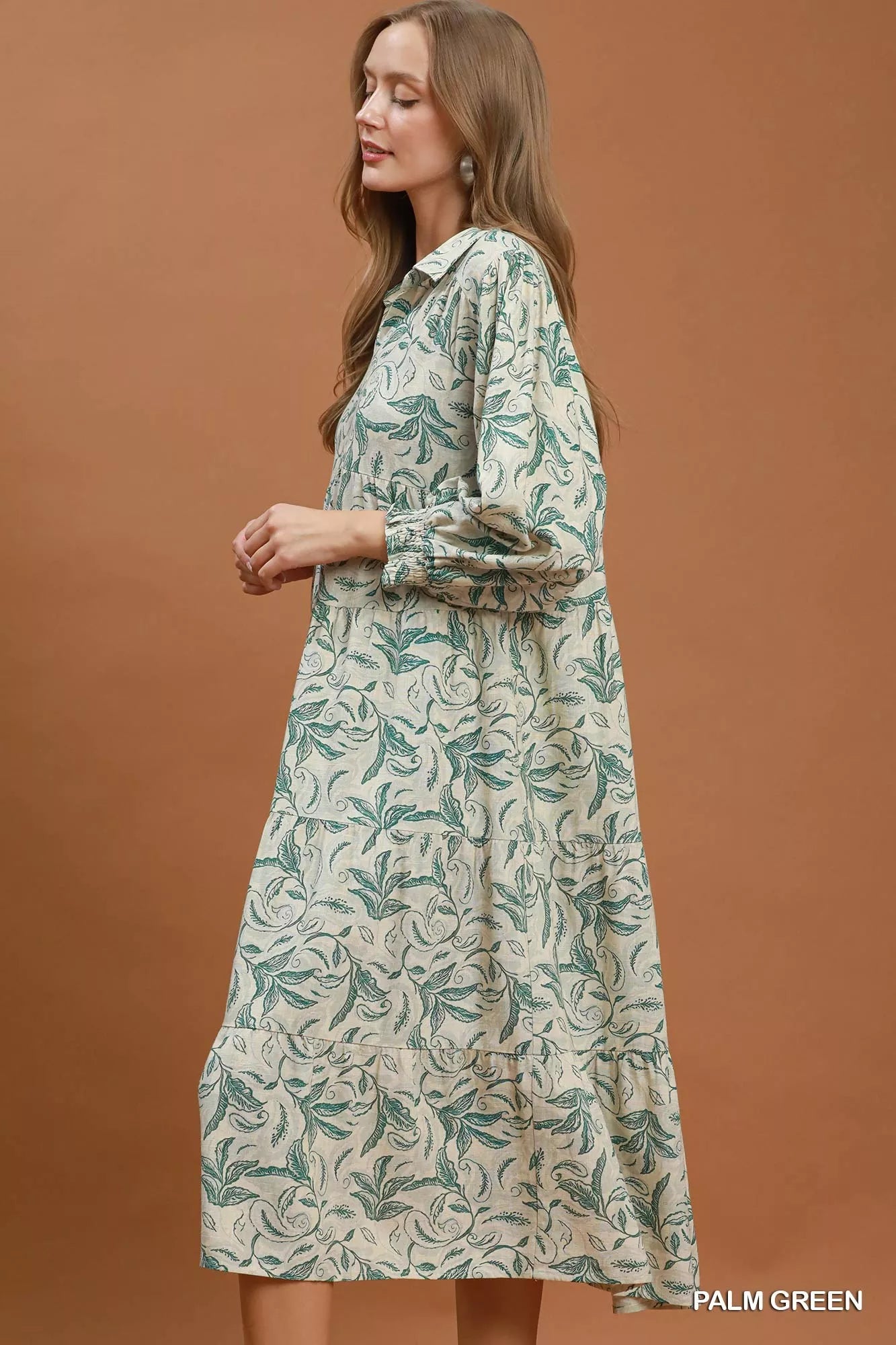 YSONA Umgee Linen Botanical Print Tiered Midi Dress — back view | Women's Dress | Shop YSONA