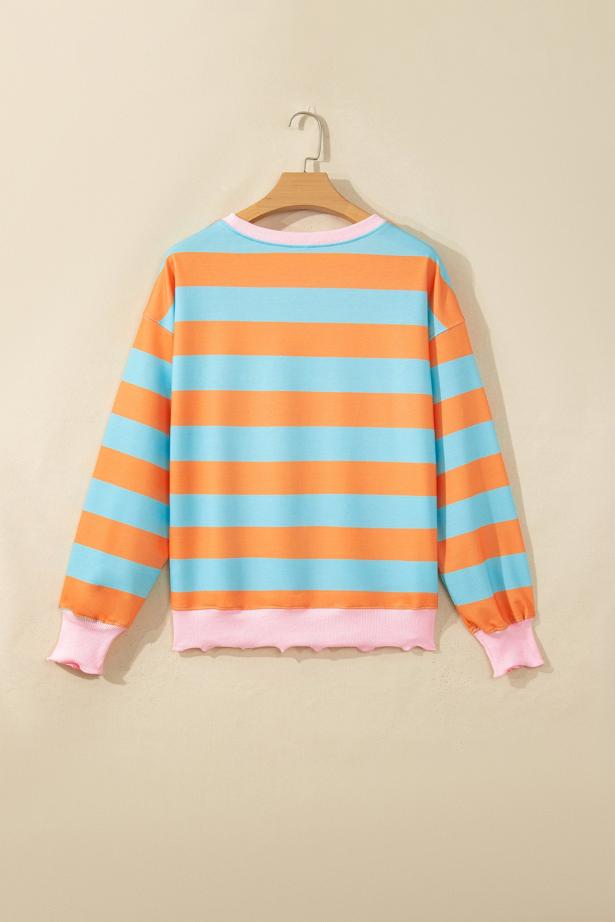 Orange Stripe Ribbed Color Block Trim Round Neck Long Sleeve Shift Top