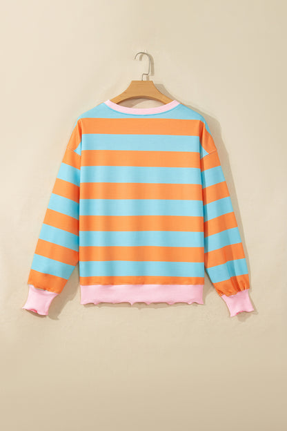 Orange Stripe Ribbed Color Block Trim Round Neck Long Sleeve Shift Top