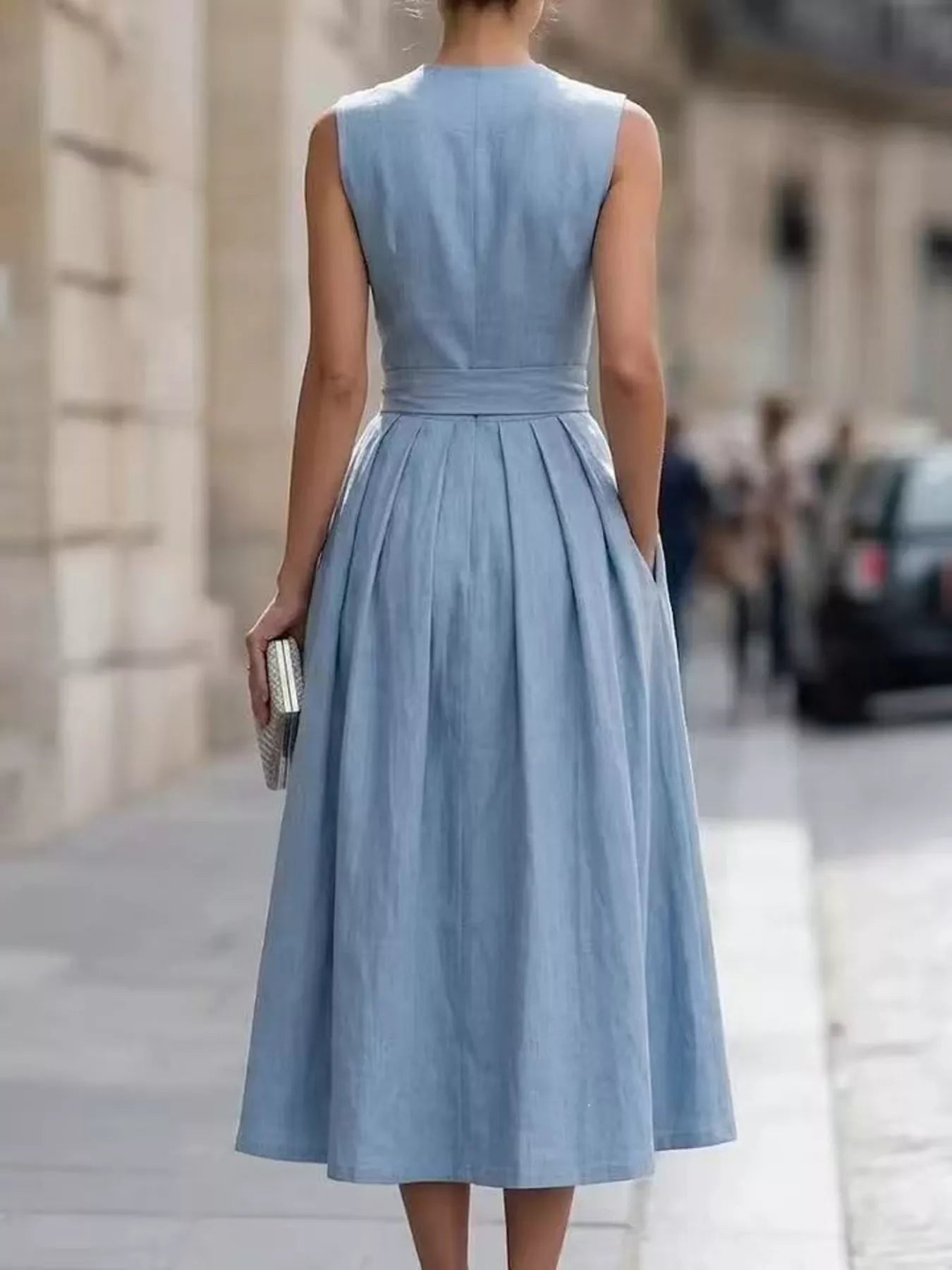 YSONA Full Size Sleeveless Button-Front Belted Midi Dress Plus Size — back view | Women's Dress