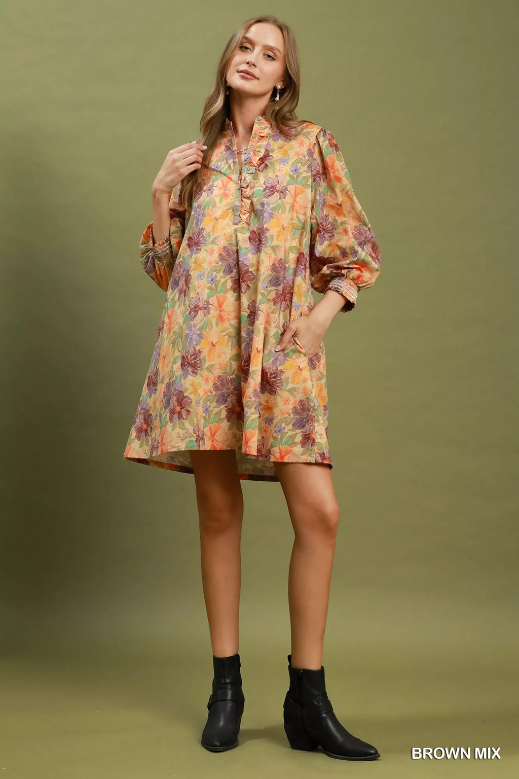 YSONA Umgee Mix Floral Print Smocked Cuff Mini Dress — detail view | Women's Dress | Shop YSONA