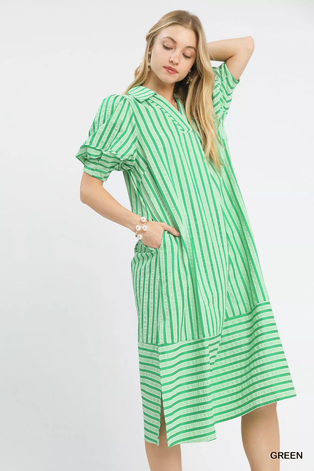 YSONA Umgee Striped Puff Sleeve Midi Dress — back view | Women's Dress | Shop YSONA