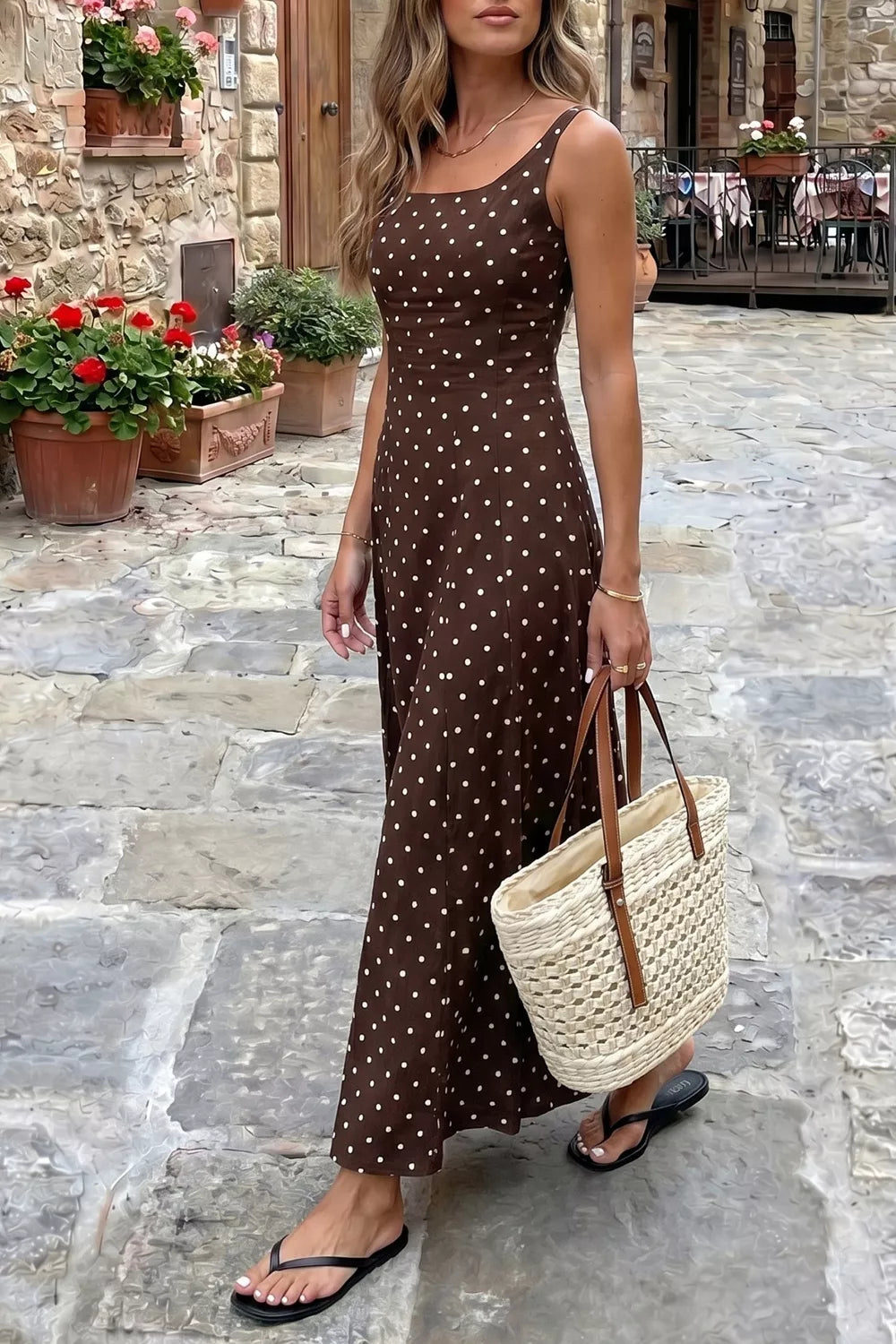 YSONA Polka Dot Print Square Neck Sleeveless Vacation Maxi Dress — full length view | Women's Dress