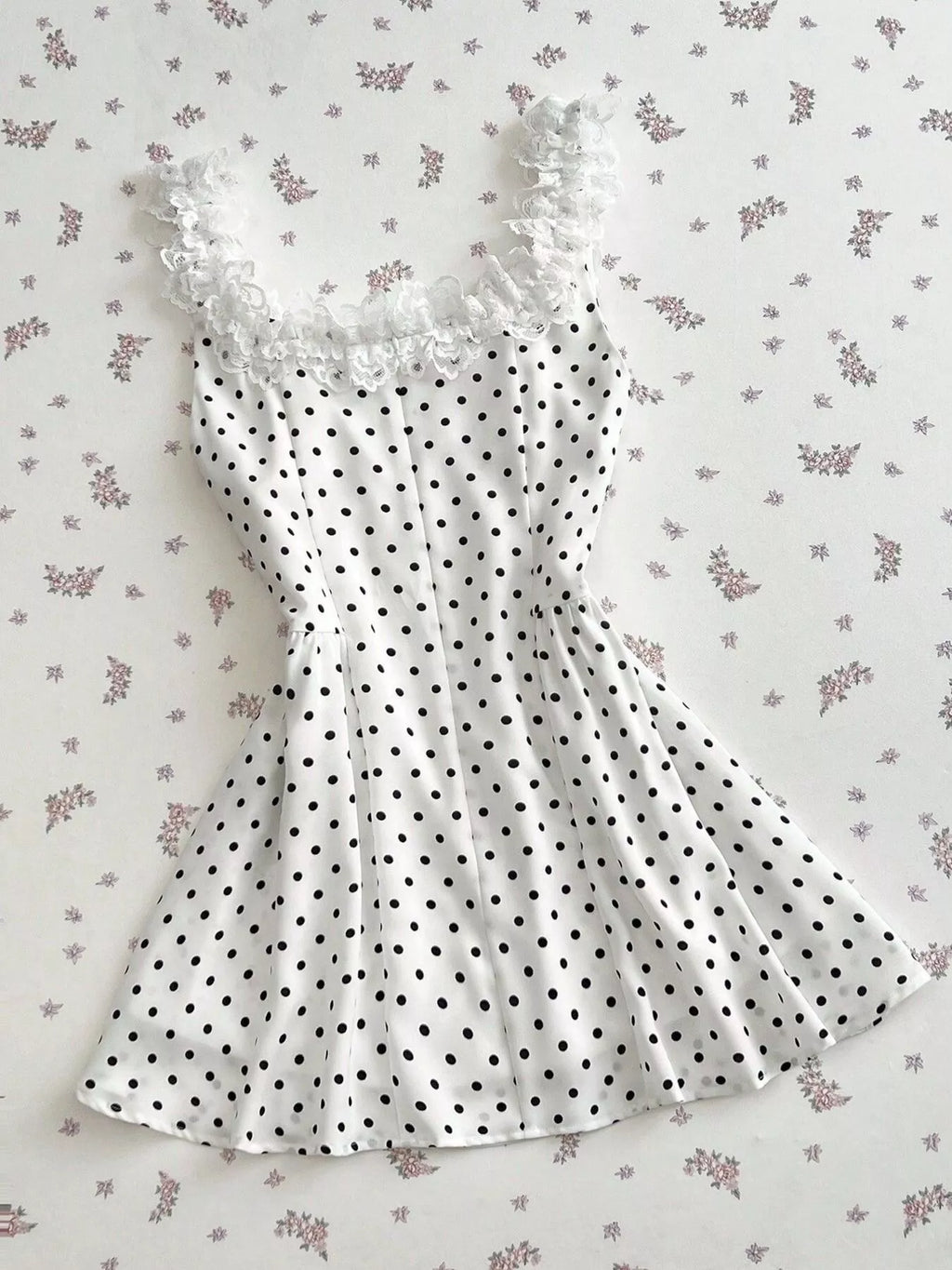 YSONA Polka Dot Lace Trim Mini Dress — full length view | Women's Dress | Shop YSONA